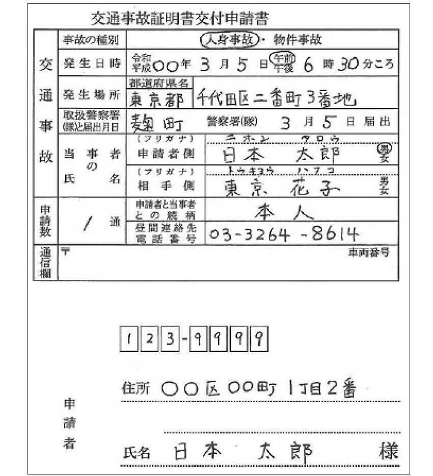 自動車安全運転センターの窓口での交通事故証明書申請書見本