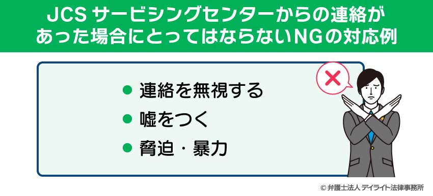 JCSサービシングセンターから連絡が入った場合に、取ってはならないNGな対応例