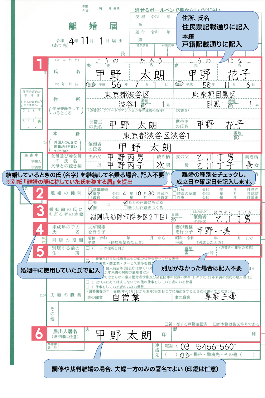 調停・裁判離婚の離婚届の書き方（左側）