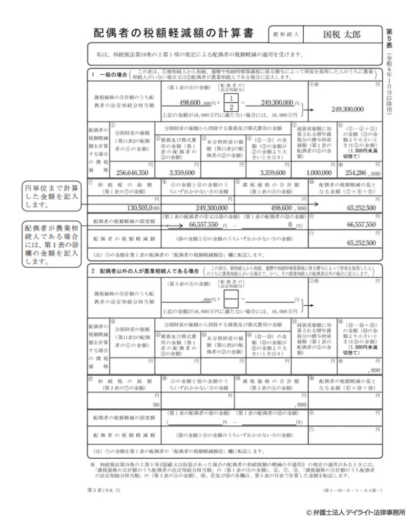 第5表「配偶者の税額軽減額の計算書」の記入例