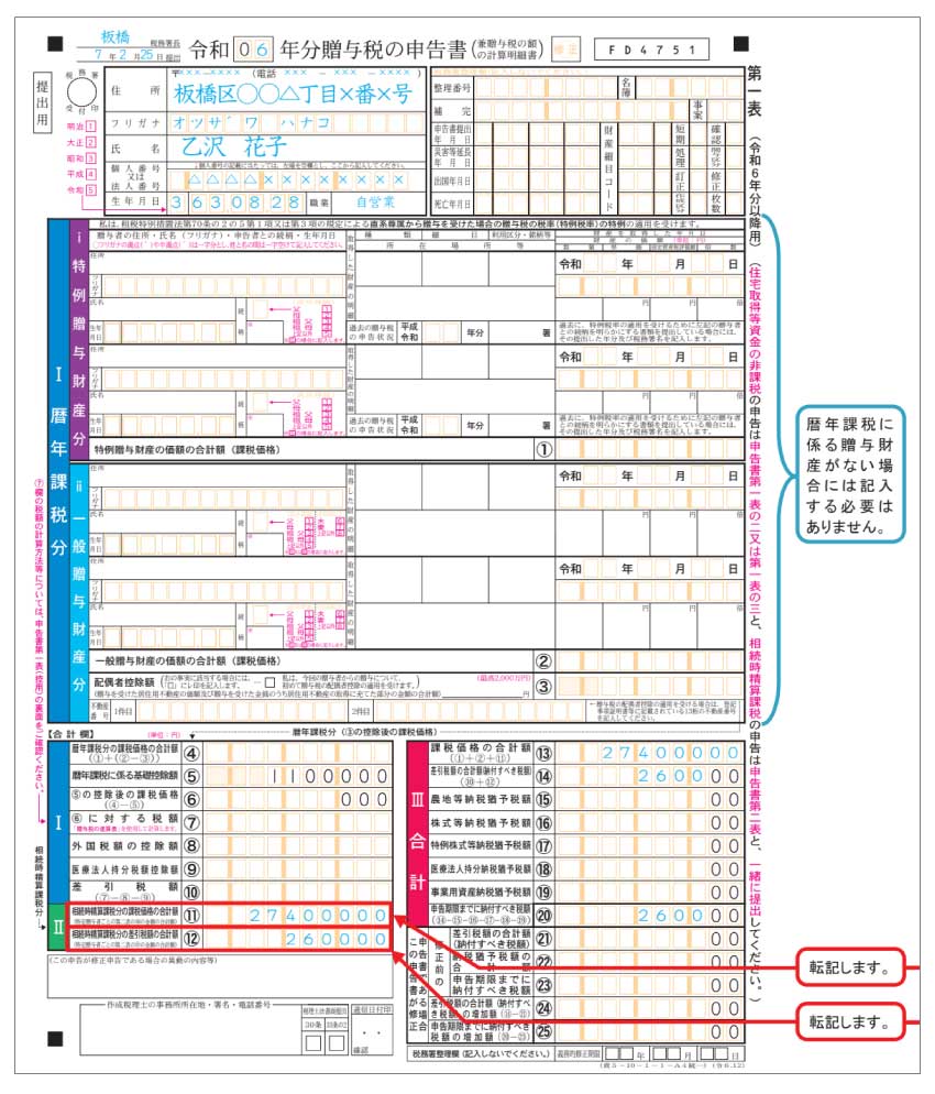贈与税の申告書（第一表）