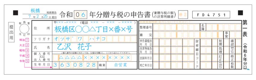 贈与税の申告書（第一表）申告書の上部
