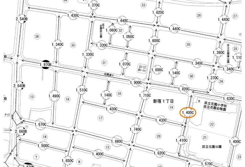 東京都新宿区新宿1丁目付近の路線価図