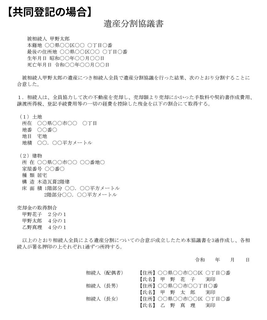 換価分割の遺産分割協議書(共同登記)